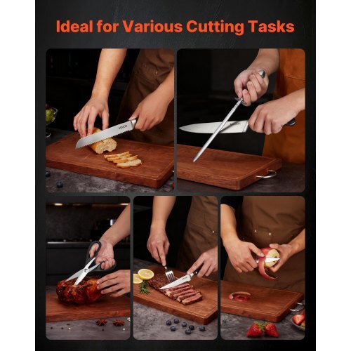 Kitchen Knife Set with Block and Sharpener, 15 Piece High Carbon Stainless Steel Sharp Knife Set, Kitchen Cutlery with Crack-Resistant Handle, Sharpening Rod and Wooden Block, for Home Cooks