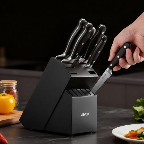 Kitchen Knife Set with Block and Sharpener, 15 Piece High Carbon Stainless Steel Sharp Knife Set, Kitchen Cutlery with Crack-Resistant Handle, Sharpening Rod and Wooden Block, for Home Cooks