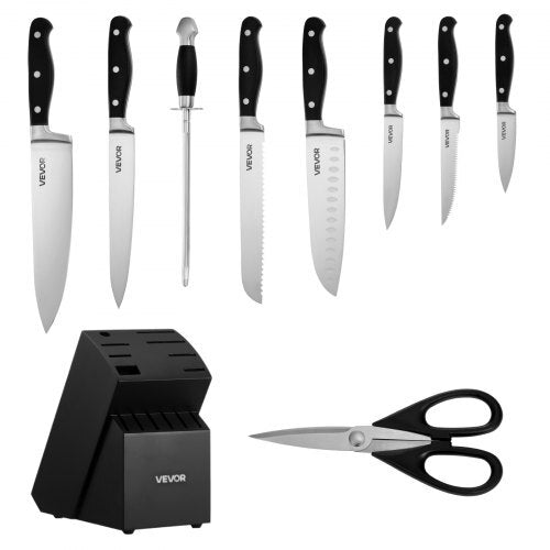 Kitchen Knife Set with Block and Sharpener, 15 Piece High Carbon Stainless Steel Sharp Knife Set, Kitchen Cutlery with Crack-Resistant Handle, Sharpening Rod and Wooden Block, for Home Cooks