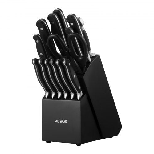 Kitchen Knife Set with Block and Sharpener, 15 Piece High Carbon Stainless Steel Sharp Knife Set, Kitchen Cutlery with Crack-Resistant Handle, Sharpening Rod and Wooden Block, for Home Cooks