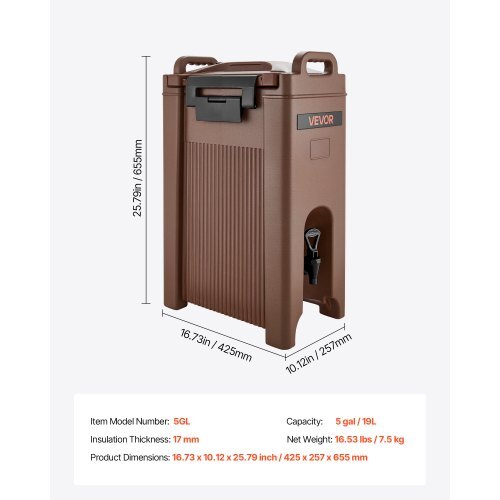 Insulated Beverage Dispenser, 5 Gal/19L Hot and Cold Beverage Server with Spigot & Handle, Food-Grade Thermal Drink Dispenser Cooler for Tea Coffee Water in Cafes & Restaurants, Brown - American Smart