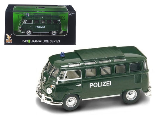 1962 Volkswagen Microbus police green diecast car model in 1/43 scale by Road Signature, detailed police vehicle replica.