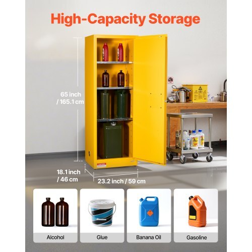 Flammable Cabinet, 23.2 x 18.1 x 65.0 inch, 23 Gallon Flammable Storage Cabinet with Adjustable Shelf, Cold-Rolled and Galvanized Steel Fire Cabinets, for Commercial Industrial Home Use, Yellow - American Smart