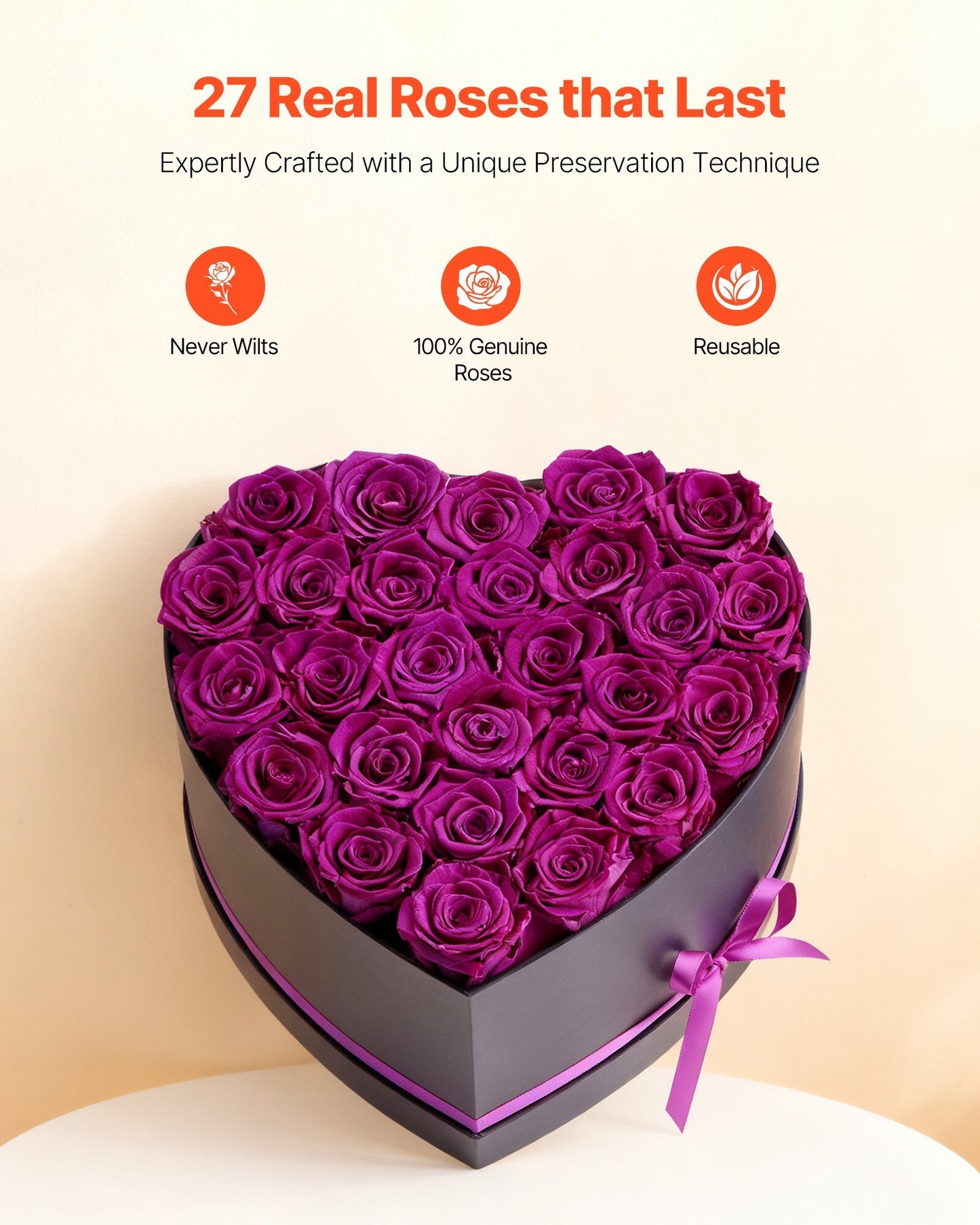 Forever Flowers, 27 Preserved Roses in Heart Shape Box, Eternal Flowers Immortal Bouquet Birthday Present for Women Her Wife Mothers, Anniversary, Valentine's Day,Christmas, Purple - American Smart