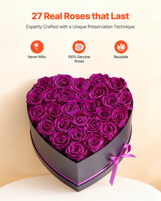Forever Flowers, 27 Preserved Roses in Heart Shape Box, Eternal Flowers Immortal Bouquet Birthday Present for Women Her Wife Mothers, Anniversary, Valentine's Day,Christmas, Purple - American Smart