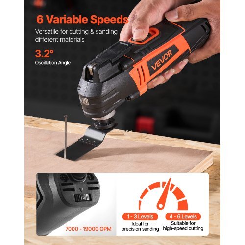 Multitool Oscillating Tool, 4Amps Electric Oscillating Multi Tool Corded with 6 Variable Speeds 7000 - 19000 OPM, 3.2? Oscillating Angle, 13PCS Saw Accessories, LED Work Light & Tool Bag - American Smart
