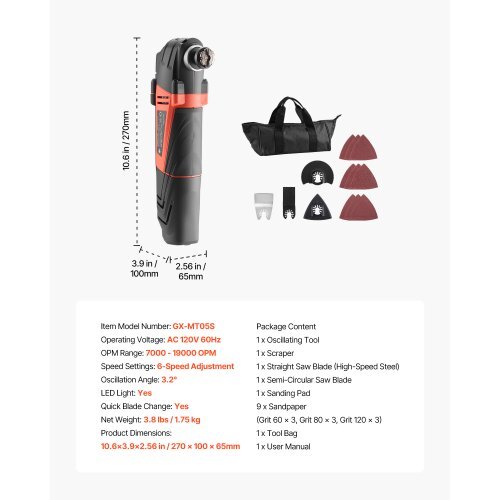 Multitool Oscillating Tool, 4Amps Electric Oscillating Multi Tool Corded with 6 Variable Speeds 7000 - 19000 OPM, 3.2? Oscillating Angle, 13PCS Saw Accessories, LED Work Light & Tool Bag - American Smart