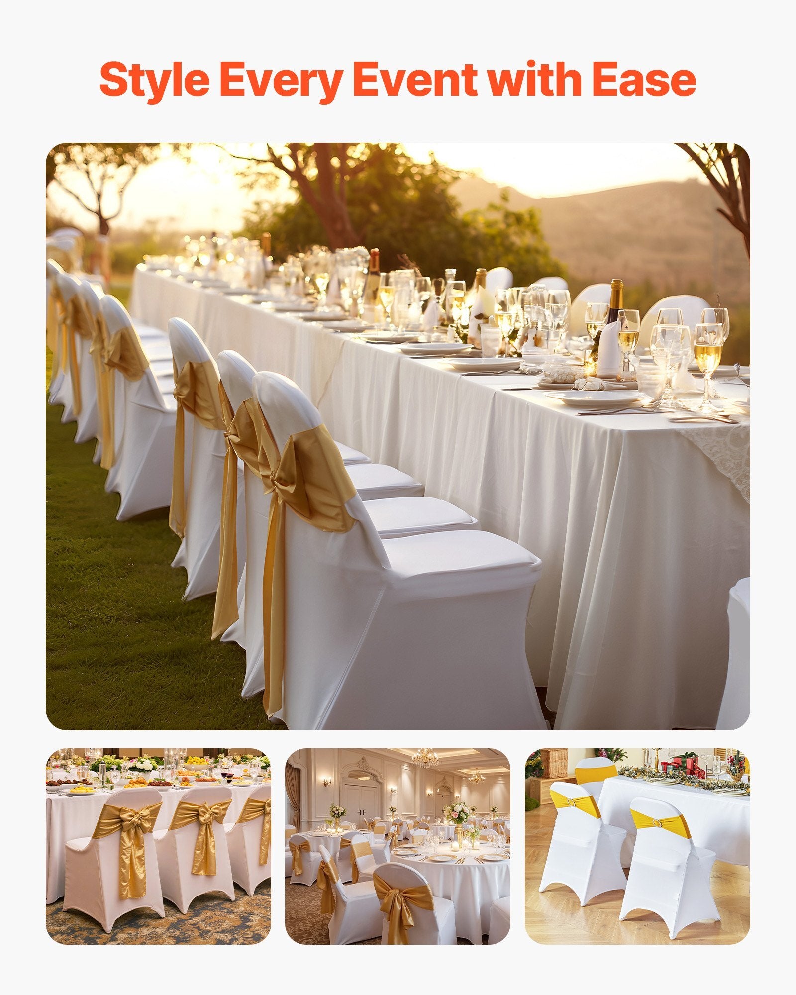 150 pcs white polyester spandex chair covers for wedding and party seating, fitting chairs up to 17.7 x 18.1 x 30.3 inches.