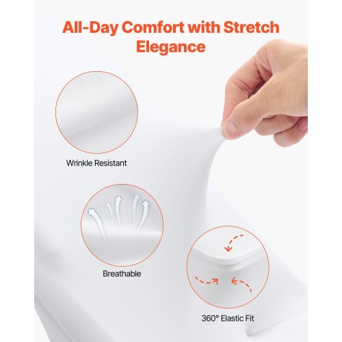 Set of 150 white polyester spandex chair covers by VEVOR, stretch slipcovers for wedding, banquet, or party chairs.