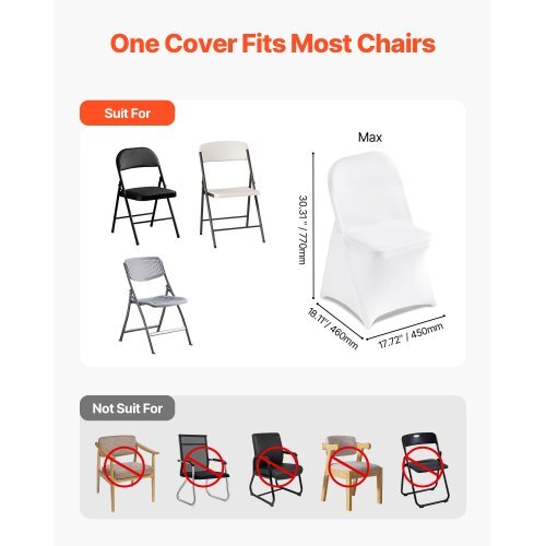 Vevor 150 pcs white polyester spandex chair covers for wedding and banquet chairs, stretch slipcovers for flat-front chairs.