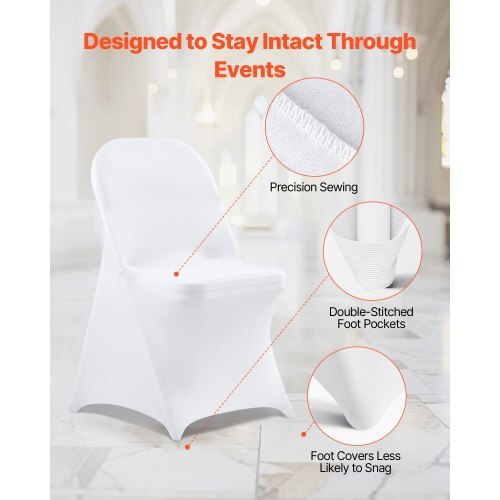 Vevor 150 pcs white polyester spandex chair covers for wedding and banquet chairs, stretch slipcovers for patio or dining chairs.