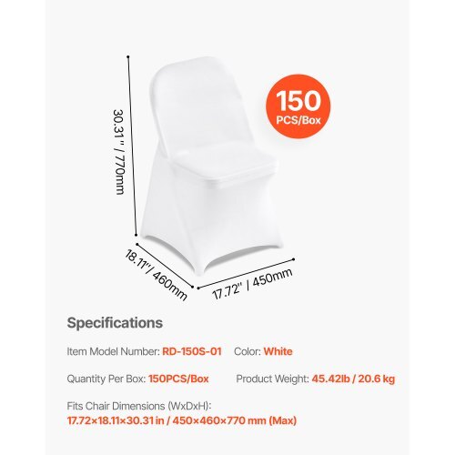Set of 150 white polyester spandex chair covers by VEVOR for wedding, banquet, and party dining chairs, fits up to 30-inch height.