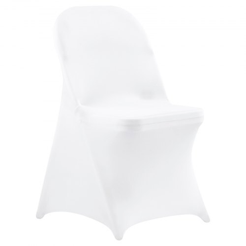 Vevor 150-piece set of white polyester spandex chair covers for wedding and banquet chairs, stretch slipcovers for flat-front chairs.