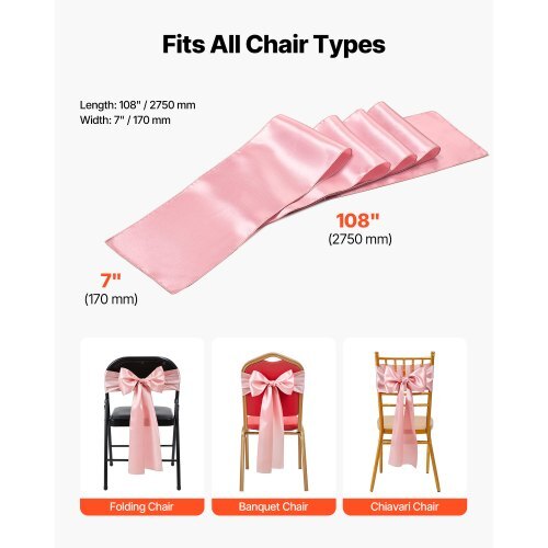 Satin Chair Sashes Bows, 50PCS Chair Ribbon Ties Back Sash, 7 x 108 inch, Rose Gold Wedding Reception Decoration, for Wedding Ceremony Baby Shower Party Events Banquet Chair Cover Decoration