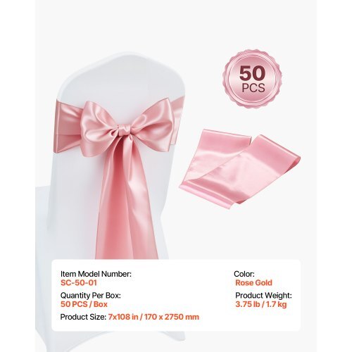 Satin Chair Sashes Bows, 50PCS Chair Ribbon Ties Back Sash, 7 x 108 inch, Rose Gold Wedding Reception Decoration, for Wedding Ceremony Baby Shower Party Events Banquet Chair Cover Decoration