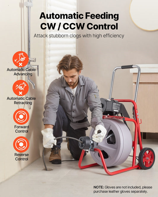 Drain Cleaner Machine 75 FT x 1/2 Inch, Auto Feed Sewer Snake Drain Auger on Wheels, Portable Drain Cleaning Machine with 8 Cutters & Air-Activated Foot Switch for 2" to 6" Pipes - American Smart