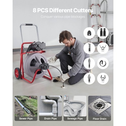 Drain Cleaner Machine 75 FT x 1/2 Inch, Auto Feed Sewer Snake Drain Auger on Wheels, Portable Drain Cleaning Machine with 8 Cutters & Air-Activated Foot Switch for 2" to 6" Pipes - American Smart