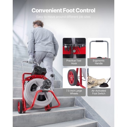 Drain Cleaner Machine 75 FT x 1/2 Inch, Auto Feed Sewer Snake Drain Auger on Wheels, Portable Drain Cleaning Machine with 8 Cutters & Air-Activated Foot Switch for 2" to 6" Pipes - American Smart