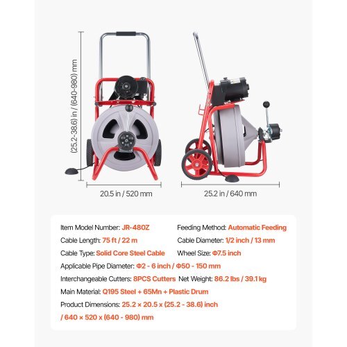 Drain Cleaner Machine 75 FT x 1/2 Inch, Auto Feed Sewer Snake Drain Auger on Wheels, Portable Drain Cleaning Machine with 8 Cutters & Air-Activated Foot Switch for 2" to 6" Pipes - American Smart