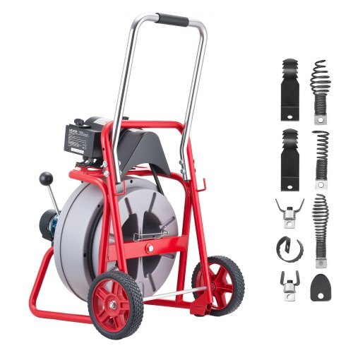Drain Cleaner Machine 75 FT x 1/2 Inch, Auto Feed Sewer Snake Drain Auger on Wheels, Portable Drain Cleaning Machine with 8 Cutters & Air-Activated Foot Switch for 2" to 6" Pipes - American Smart