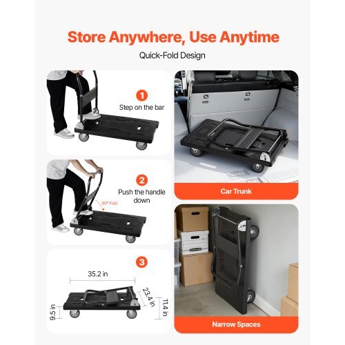 Foldable Push Cart Dolly, 1000 lbs Capacity, Folding Platform Truck with Swivel Wheels, Moving Platform Hand Truck Flatbed Cart, Space Saving Push Handle, for Easy Storage, 35.2 x 23.4 x 33.5 in - American Smart