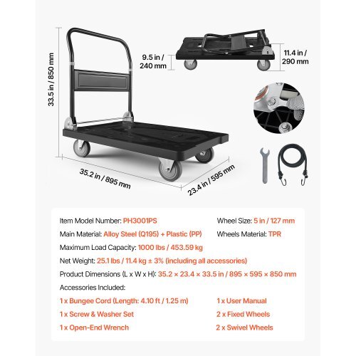 Foldable Push Cart Dolly, 1000 lbs Capacity, Folding Platform Truck with Swivel Wheels, Moving Platform Hand Truck Flatbed Cart, Space Saving Push Handle, for Easy Storage, 35.2 x 23.4 x 33.5 in - American Smart