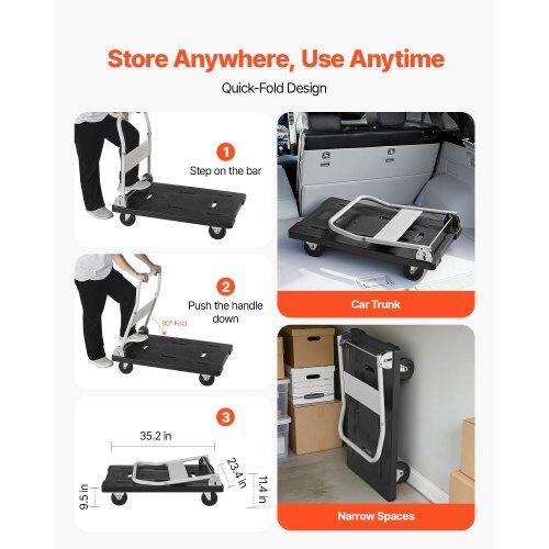 Foldable Push Cart Dolly, 660 lbs Capacity, Folding Platform Truck with Swivel Wheels, Moving Platform Hand Truck Flatbed Cart, Space Saving Push Handle, for Easy Storage, 35.2 x 23.4 x 33.5 in - American Smart