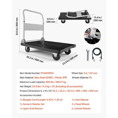 Foldable Push Cart Dolly, 660 lbs Capacity, Folding Platform Truck with Swivel Wheels, Moving Platform Hand Truck Flatbed Cart, Space Saving Push Handle, for Easy Storage, 35.2 x 23.4 x 33.5 in - American Smart