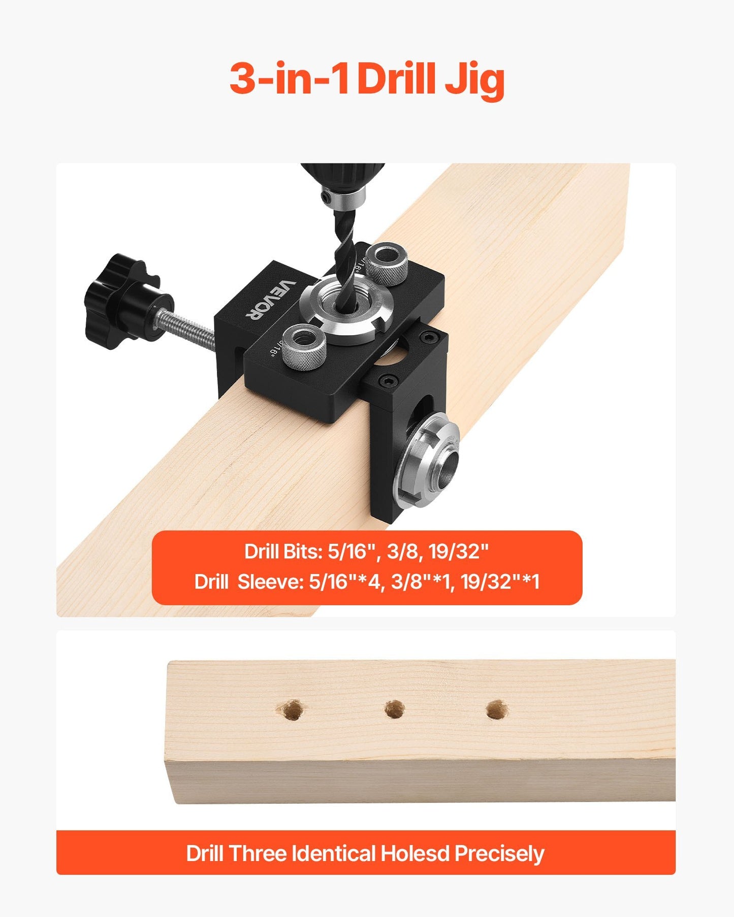 Doweling Jig Kit, Self Centering Dowel Drill Jig for Straight Holes, Aluminum Alloy Woodworking Joints Tool with 3 Size Drill Bits 5/16", 3/8", and 19/32", Adjustable Width, for Wood Working