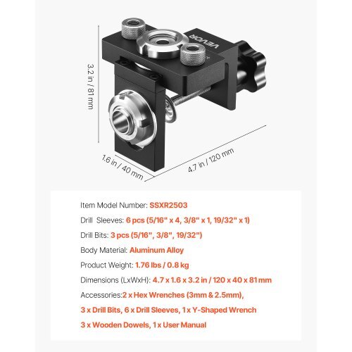 Doweling Jig Kit, Self Centering Dowel Drill Jig for Straight Holes, Aluminum Alloy Woodworking Joints Tool with 3 Size Drill Bits 5/16", 3/8", and 19/32", Adjustable Width, for Wood Working