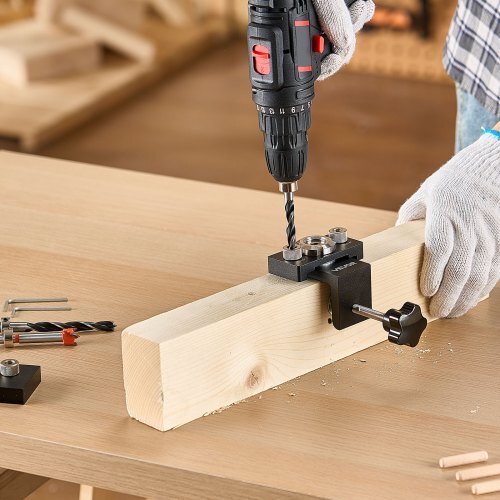 Doweling Jig Kit, Self Centering Dowel Drill Jig for Straight Holes, Aluminum Alloy Woodworking Joints Tool with 3 Size Drill Bits 5/16", 3/8", and 19/32", Adjustable Width, for Wood Working