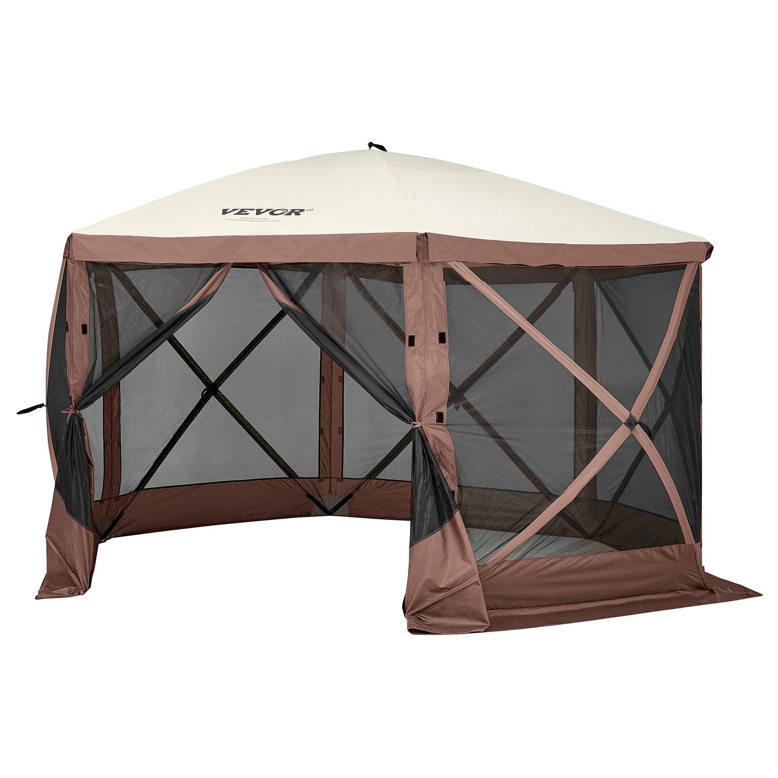 Pop Up Gazebo Tent, Pop-Up Screen Tent 6 Sided Canopy Sun Shelter with 6 Removable Privacy Wind Cloths & Mesh Windows, 11.5x11.5FT Quick Set Screen Tent with Mosquito Netting, Brown - American Smart