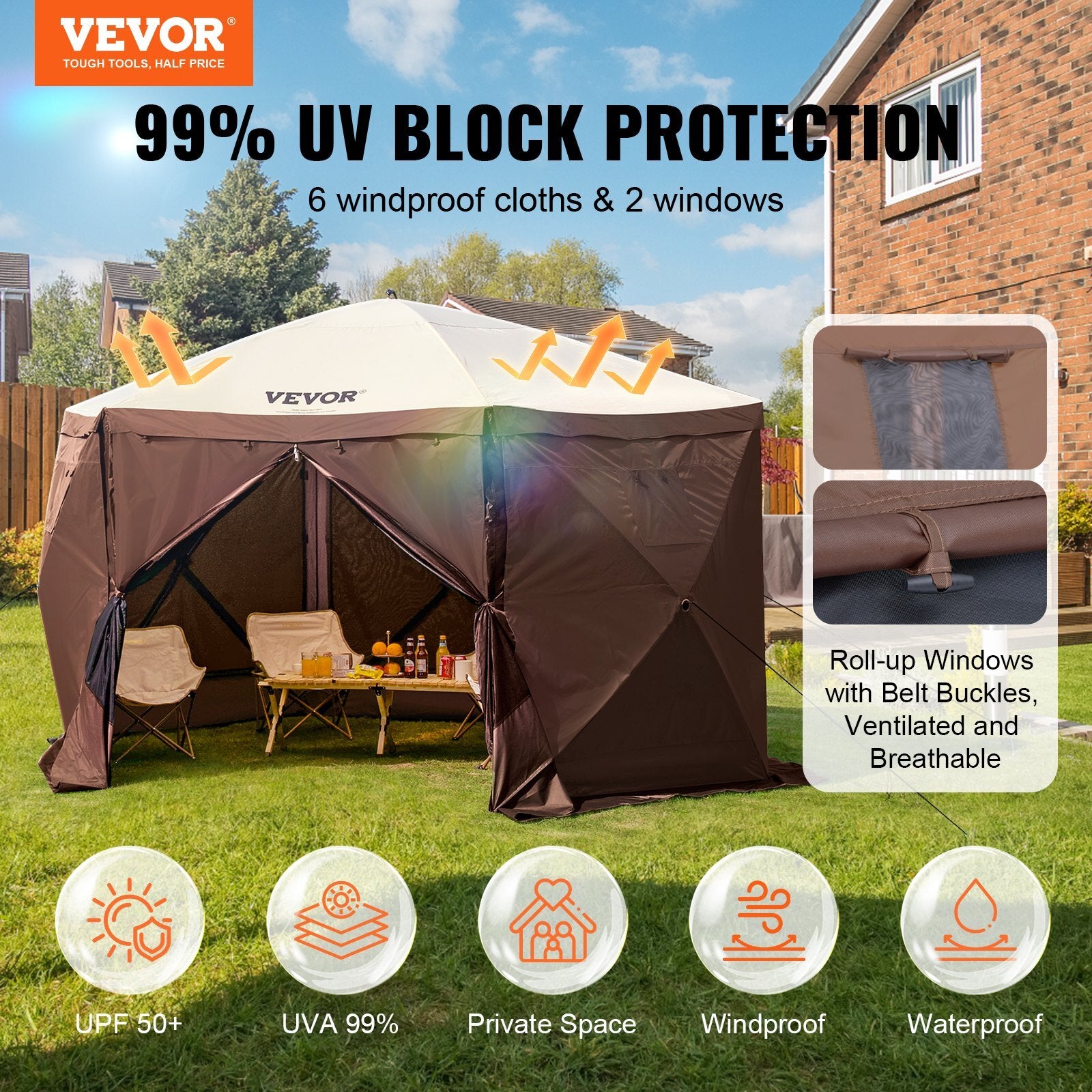 Pop Up Gazebo Tent, Pop-Up Screen Tent 6 Sided Canopy Sun Shelter with 6 Removable Privacy Wind Cloths & Mesh Windows, 11.5x11.5FT Quick Set Screen Tent with Mosquito Netting, Brown - American Smart