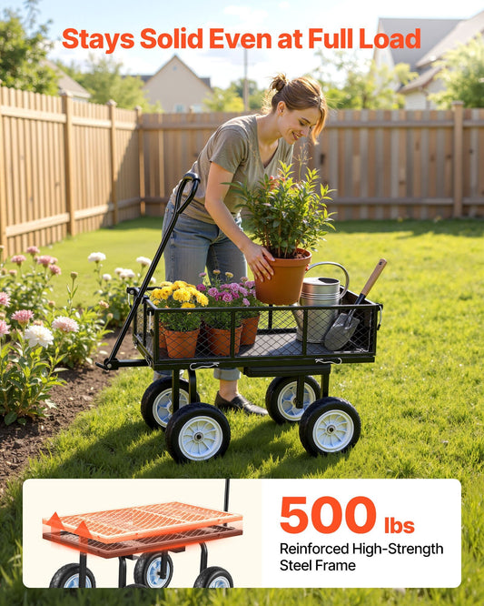 Garden Cart with Seat, 500 LBS, Rolling Steel Garden Work Seat with Wheels, Heavy Duty Gardening Stool, with Tool Tray & Adjustable Handle, Outdoor Yard Wagon, for Lawn, Patio, Backyard, Black