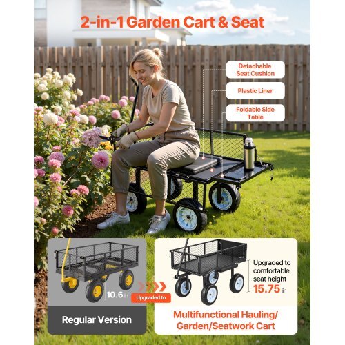 Garden Cart with Seat, 500 LBS, Rolling Steel Garden Work Seat with Wheels, Heavy Duty Gardening Stool, with Tool Tray & Adjustable Handle, Outdoor Yard Wagon, for Lawn, Patio, Backyard, Black