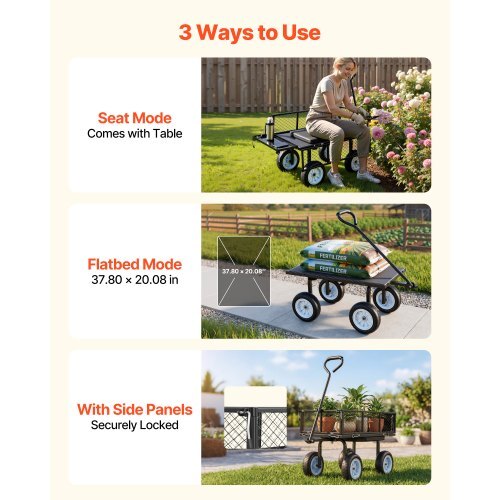 Garden Cart with Seat, 500 LBS, Rolling Steel Garden Work Seat with Wheels, Heavy Duty Gardening Stool, with Tool Tray & Adjustable Handle, Outdoor Yard Wagon, for Lawn, Patio, Backyard, Black