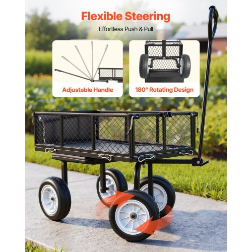 Garden Cart with Seat, 500 LBS, Rolling Steel Garden Work Seat with Wheels, Heavy Duty Gardening Stool, with Tool Tray & Adjustable Handle, Outdoor Yard Wagon, for Lawn, Patio, Backyard, Black