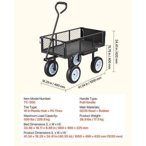 Garden Cart with Seat, 500 LBS, Rolling Steel Garden Work Seat with Wheels, Heavy Duty Gardening Stool, with Tool Tray & Adjustable Handle, Outdoor Yard Wagon, for Lawn, Patio, Backyard, Black