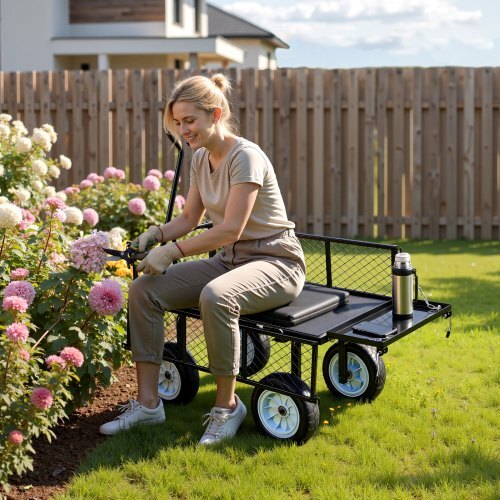 Garden Cart with Seat, 500 LBS, Rolling Steel Garden Work Seat with Wheels, Heavy Duty Gardening Stool, with Tool Tray & Adjustable Handle, Outdoor Yard Wagon, for Lawn, Patio, Backyard, Black