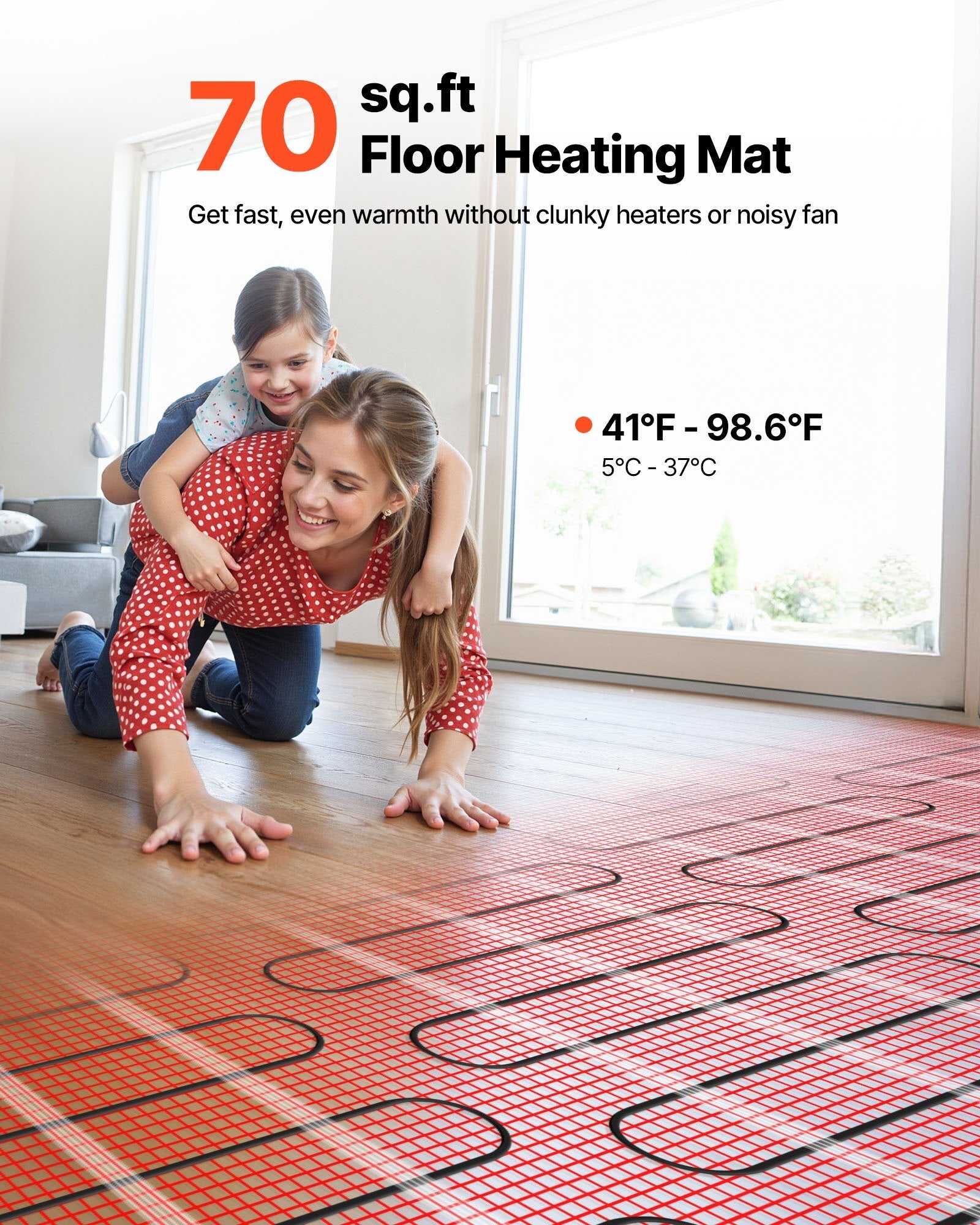 70 sqft Self-Adhesive Mesh Floor Heating Mat System, 120V Electric Radiant Heated Floor System, with Smart Control Thermostat & Alarm, Easy Installation for Tile, Stone, Vinyl - American Smart