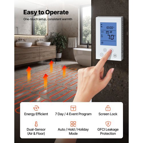 70 sqft Self-Adhesive Mesh Floor Heating Mat System, 120V Electric Radiant Heated Floor System, with Smart Control Thermostat & Alarm, Easy Installation for Tile, Stone, Vinyl - American Smart