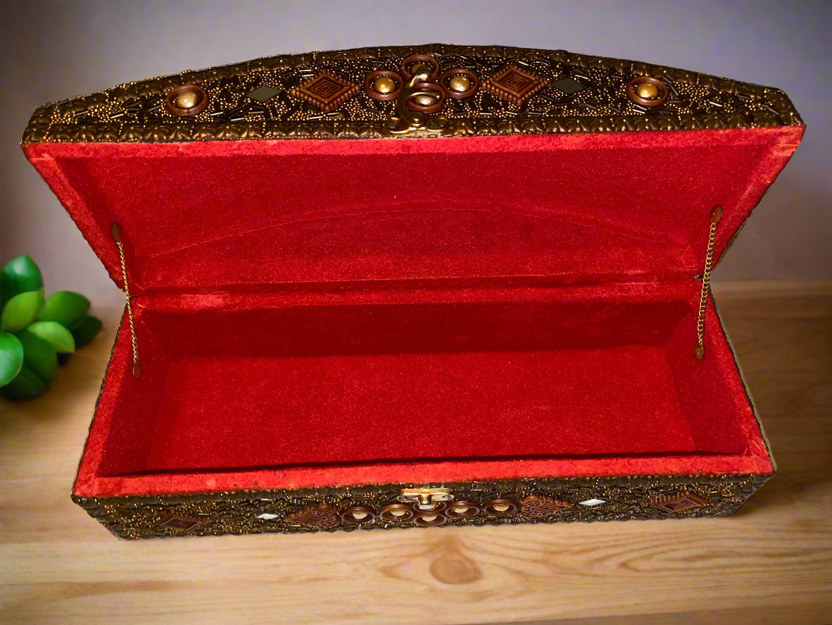 Vintage handmade jewelry chest by American Smart, classic wooden storage box with intricate design and multiple compartments.