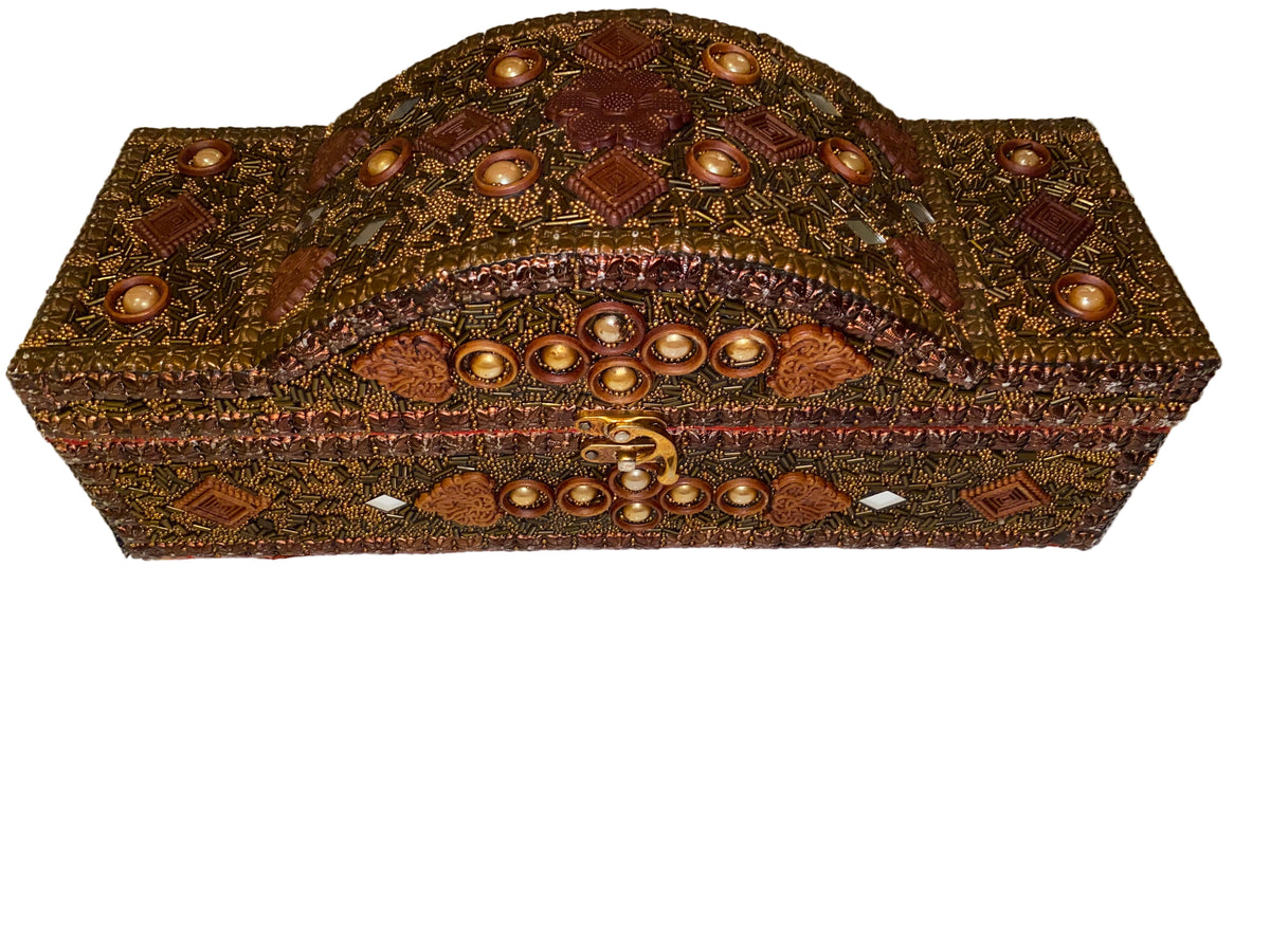Vintage handmade jewelry chest by American Smart with intricate wood details and classic storage compartments.