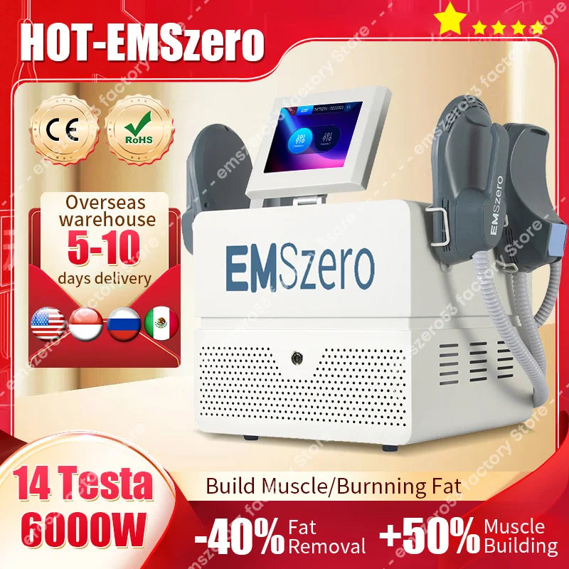EMSzero RF EMS Sculpt Machine by American Smart with 6500W power for body slimming and muscle stimulation in a salon setting.