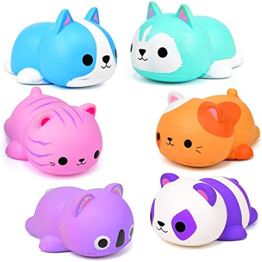Six colorful jumbo American Smart AM animal squishy toys, slow-rising cat collectibles for stress relief and fun.