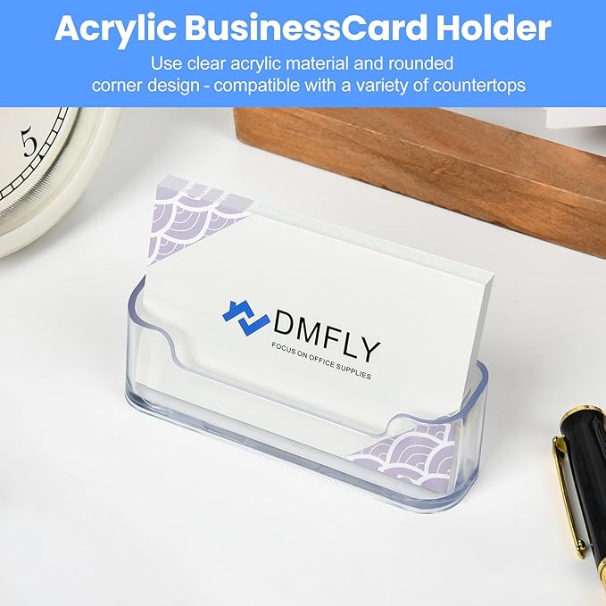 Two clear plastic business card holders on a desk, acrylic display stands for office or exhibition use by American Smart.