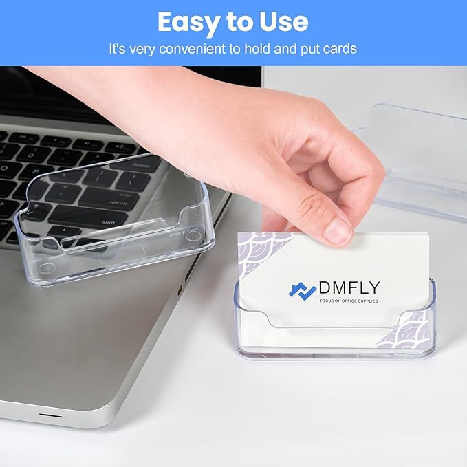 Two clear plastic business card holders on a desk, acrylic display stands for organizing business cards at office or exhibition booths.