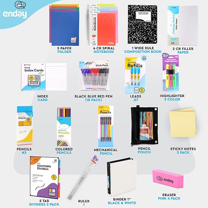 American Smart high school and college supplies kit with 79 pieces, including pens, notebooks, and stationery for kids.