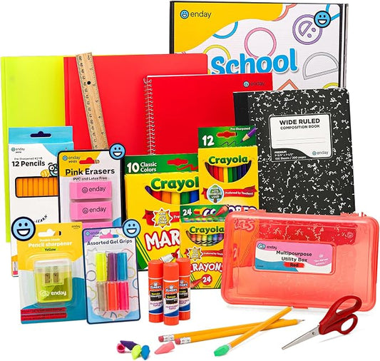 American Smart Enday back to school supplies kit for grades K-5, includes 83 pieces of kindergarten school supplies for kids.