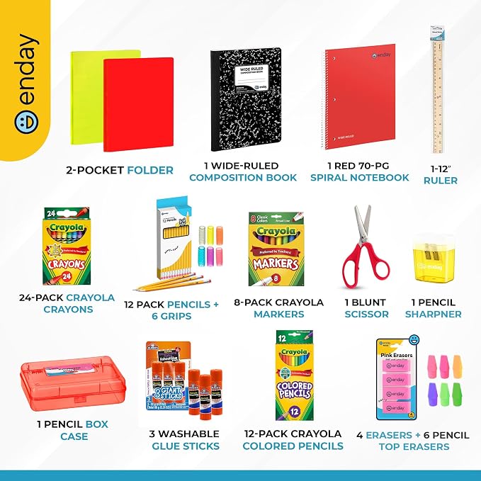 American Smart Enday back to school supplies kit with 83 pieces for grades K-5, including pencils, crayons, and school essentials for kids